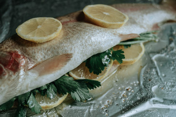 Fresh fish with parsley and lemon on foil prepared for baking