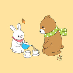 Fototapeta premium Cartoon cute Autumn rabbit and bear tea time vector.
