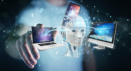Businessman using white humanoid controlling modern devices 3D rendering