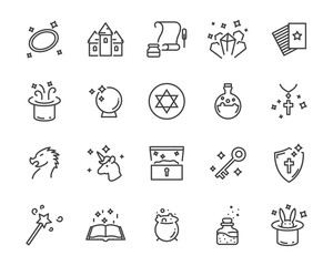 set of fantasy vector icons, such as dragon, unicorn, treasure and more