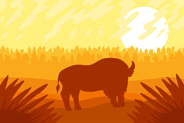 Landscape with wild bizon on field - obrazy, fototapety, plakaty
