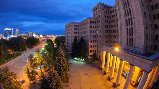 The building of Karazin Kharkiv National University day to night timelapse hyperlapse