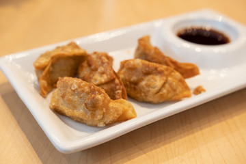Gyoza in dish.
