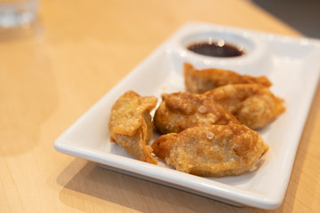 Gyoza in dish.