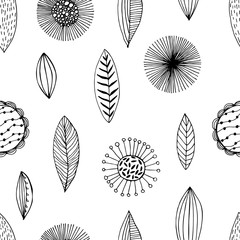 black and white trendy seamless pattern with decorative flowers and leaves