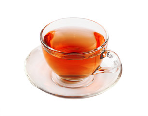 Transparent glass cup of black tea isolated