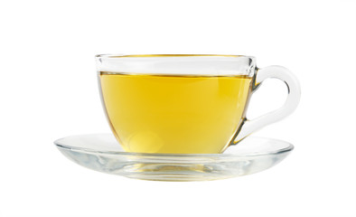 Transparent glass cup of green tea isolated