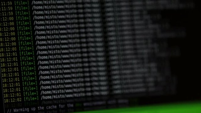 Internet website code running down a computer screen terminal. Report of errors. Black background.