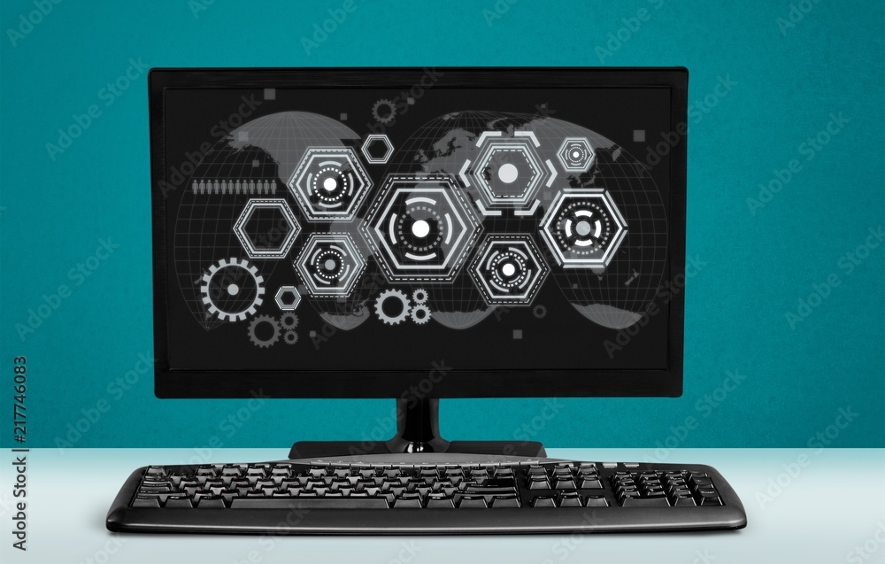 Poster desktop computer and keyboard on background