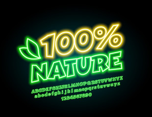 Vector Neon Sign 100% Nature with Gglowing Font. Lighting Alphabet Set.