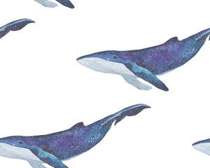 Watercolor space magic whales seamless pattern