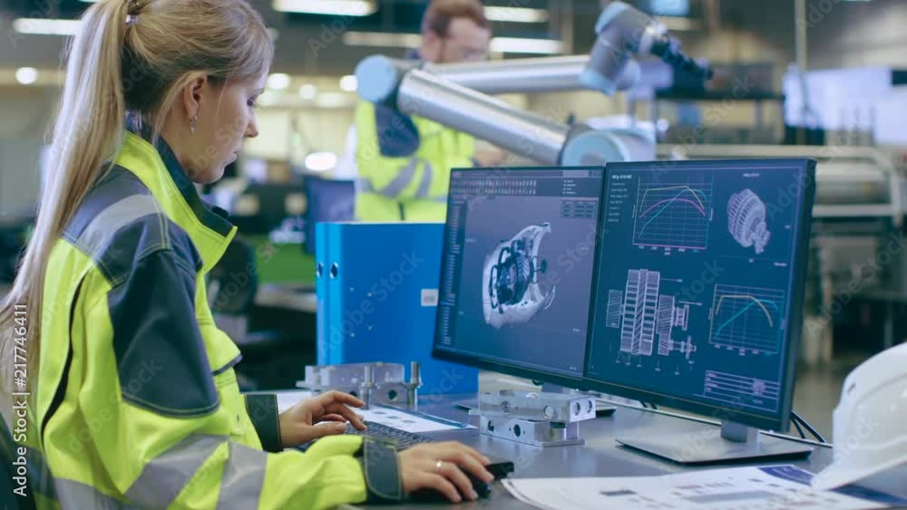 Poster At the Factory: Female Mechanical Engineer Designs 3D Engine on Her Personal Computer, Male Automation Engineer Uses Laptop for Programming Robotic Arm.