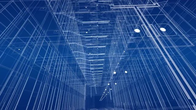 Architecture plan 3d wire video looping -Blue