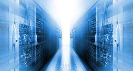 futuristic data center with rows supercomputers motion blur