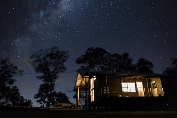 A remote cabin in front of the milky way