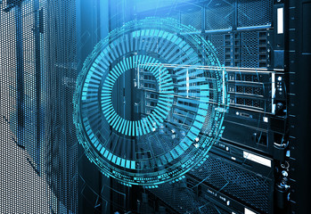Big data abstract visualization. Futuristic aesthetic design. Big data background with HUD elements. on storage tapes in modern internet data center room