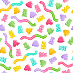 Gummy bears and jelly worms seamless pattern.