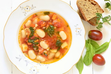 Vegetable soup, minestrone,  top view 