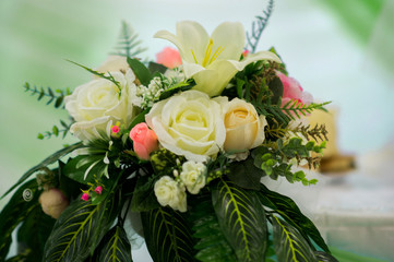 Wedding flower composition of white roses and lilys. Wedding decoration