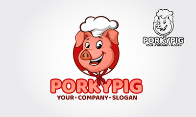 Porky Pig Logo Cartoon Character.  Happy Pig Chef Head Cartoon. Vector logo illustration.