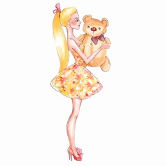 Girl holding a teddy bear, isolated on white. Watercolor sketch