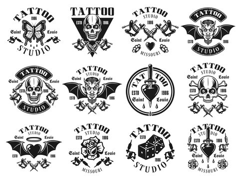 Tattoo studio big set of vector vintage emblems