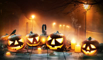 Tuinposter Scary horror background with halloween pumpkins jack o lantern © Jag_cz