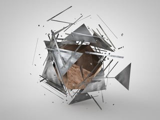 3D illustration of a geometric figure, polyhedron, Platonic body, in a cloud of flying fragments. Abstract image. 3D rendering on white background, isolated