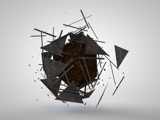 3D illustration of a geometric figure, polyhedron, Platonic body, in a cloud of flying fragments. Abstract image. 3D rendering on white background, isolated