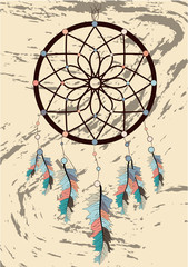 magic symbol Dreamcatcher with gemstones and feathers.