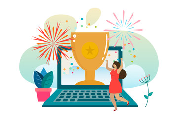 Successful woman celebrating success. Woman wins a prize. Award in the online contest from laptop. Vector