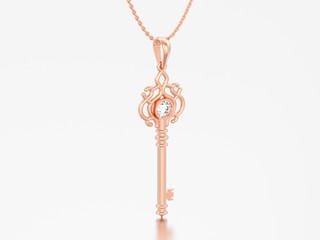 Fototapeta na wymiar 3D illustration red rose gold decorative key necklace on chain with diamond