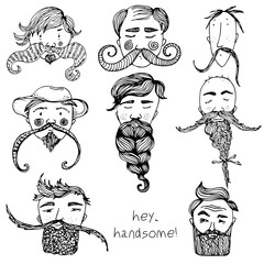 Hand Drawn vector zen Beard Set with funny faces and text hey, handsome
