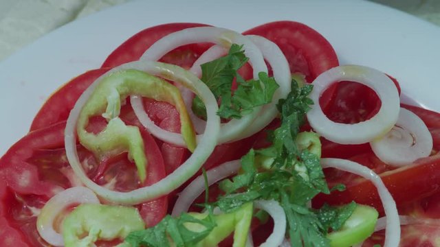 Tomato, onion and peper salad on a white plate