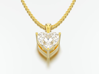 3D illustration yellow gold big heart diamond necklace on chain