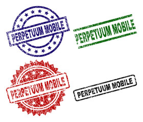 PERPETUUM MOBILE seal prints with damaged texture. Black, green,red,blue vector rubber prints of PERPETUUM MOBILE title with corroded texture. Rubber seals with round, rectangle, rosette shapes.