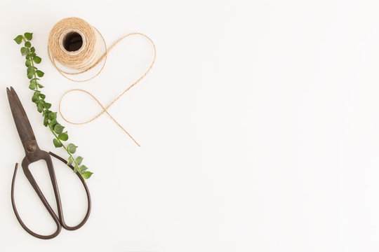 Flat lay photo rustic scissors and branches and sack rope on white background, top view and copy space