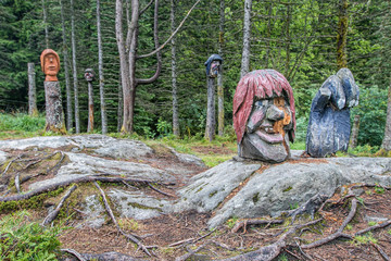 Trolls carved our of wood. Park in Bergen, Norway.