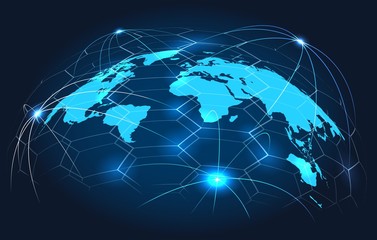 Global connection concept. Connections world map on blue background, international digital connected earth for business and technology, vector illustration