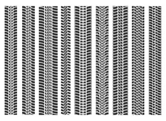 Tire tracks brushes. Bike or track road tyre track race textures, motorbike print silhouettes seamless pattern set