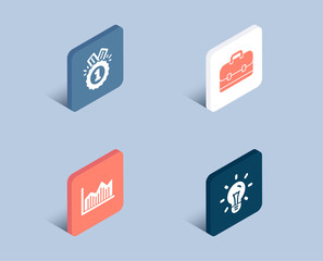 Set of Money diagram, Approved and Portfolio icons. Idea sign. Currency diagram, Winner badge, Business case. Light bulb.  3d isometric buttons. Flat design concept. Vector
