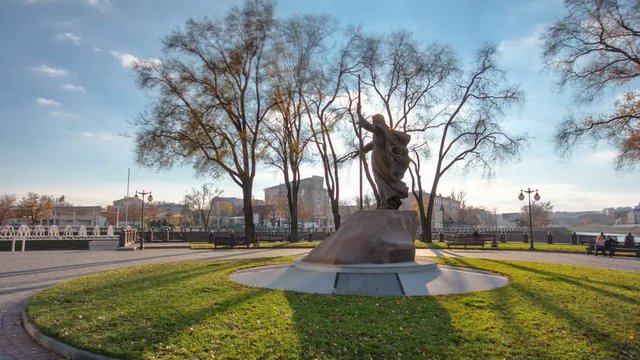 The monument to Holy Apostle Andrew the First-Called in the on the city park strelka timelapse in Kharkov, Ukraine