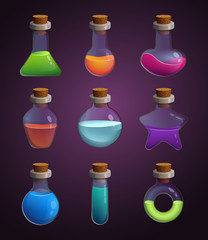 Glass bottles with various liquids. Pictures in cartoon style