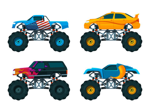Set big monster truck cars. Vector pictures set