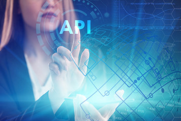 The concept of business, technology, the Internet and the network. A young entrepreneur working on a virtual screen of the future and sees the inscription: API