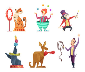 Circus cartoon characters. Vector mascots isolate on white