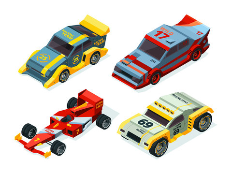 Race car set. 3D racing cars. Isometric sport pictures