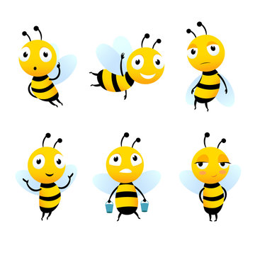 Various cartoon characters of bees with honey