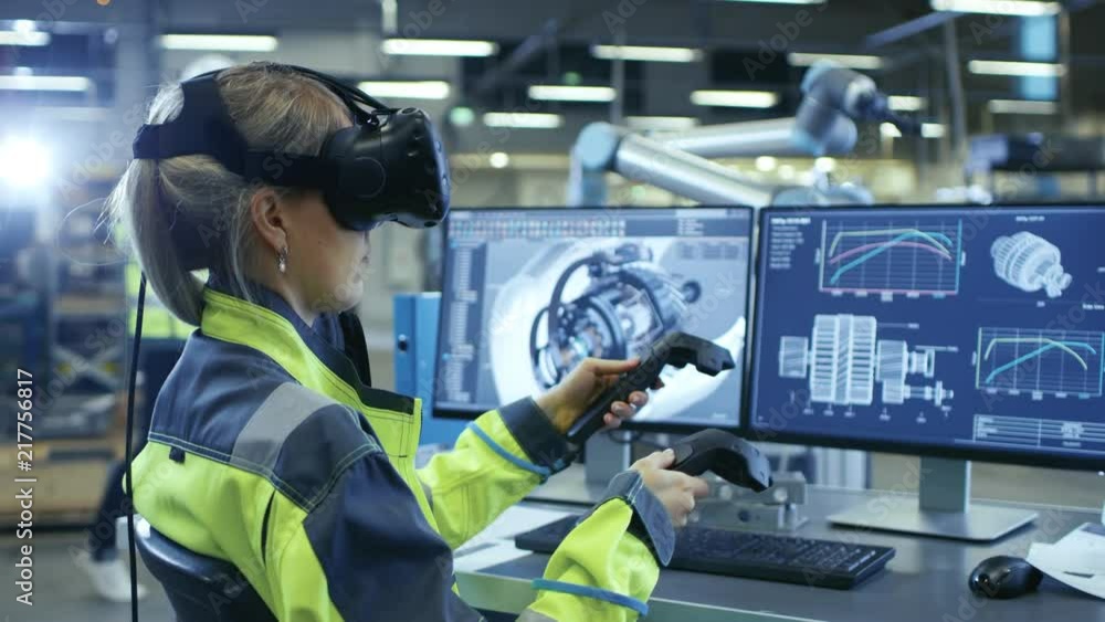 Poster factory: female industrial engineer wearing virtual reality headset and holding controllers, she use