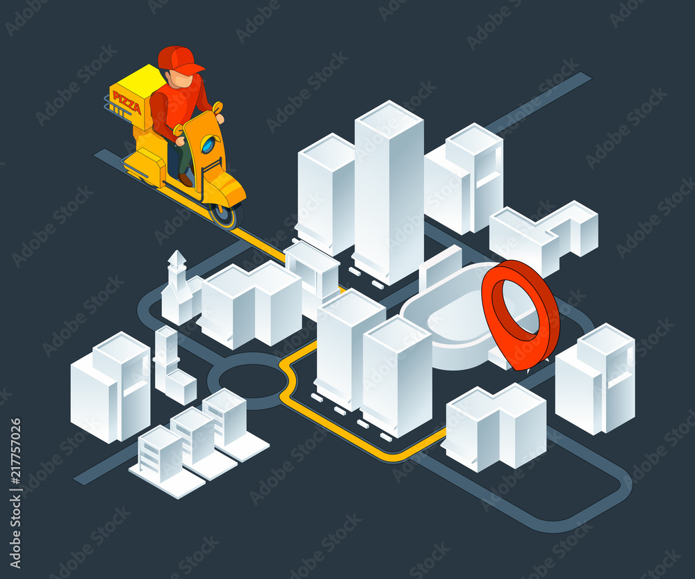 Poster urban 3d map navigation. isometric map with delivery pizza navigation route